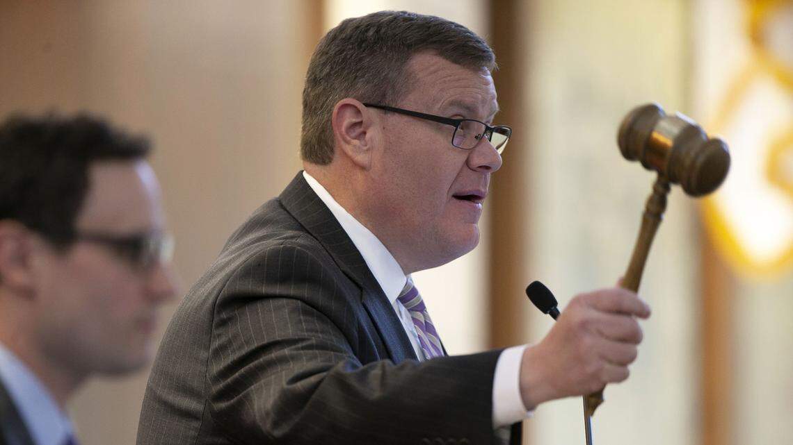 North Carolina House Speaker Tim Moore gavels in the House of Representatives before overriding Governor Roy Cooper’s veto of HB1029 on Thursday, December 27, 2018 in Raleigh, N.C.