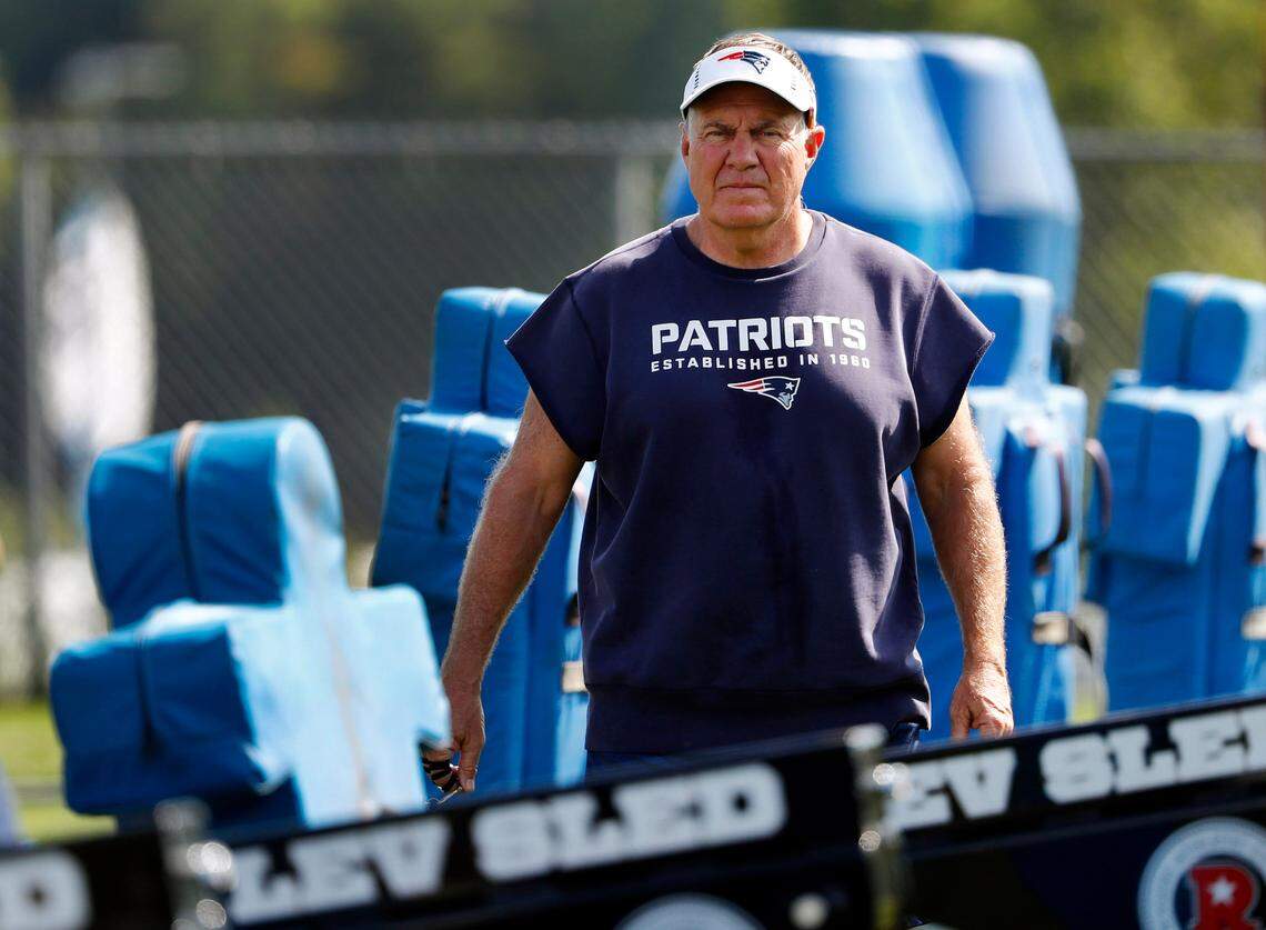 New England Patriots head coach Bill Belichick looks on during training camp at Gillette Stadium in July 2016.