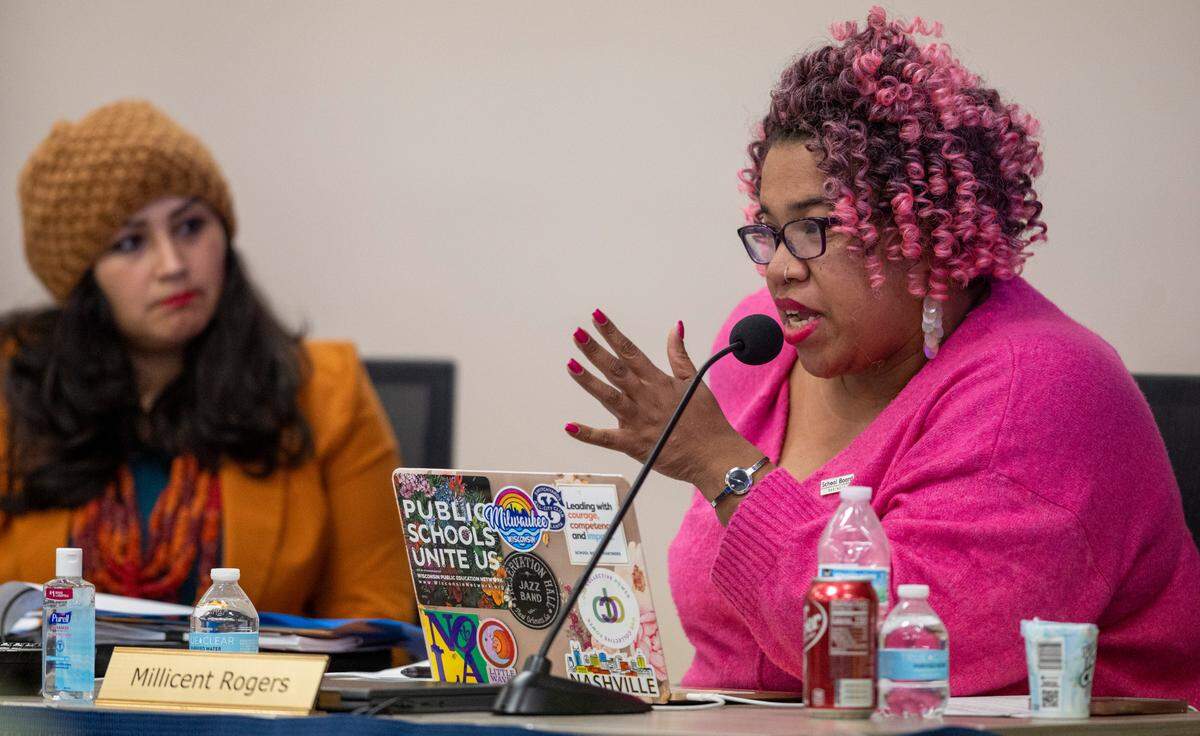 Durham Board of Education member Millicent Rogers speaks during their meeting on Thursday, February 8, 2024 at the Staff Development Center in Durham, N.C. Rogers, said that she had also gotten a text like many in the audience that the Durham Schools would be closed on Friday, February 9.