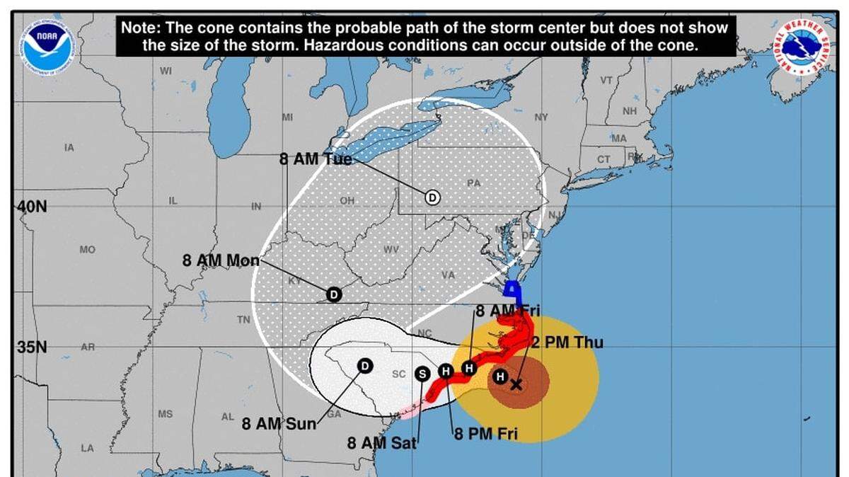 The probable path of the center of Hurricane Florence as of 3 p.m. Thursday, Sept. 13, 2018.