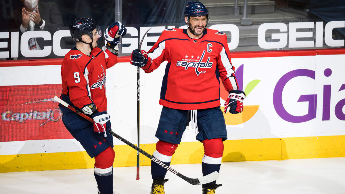 Washington Capitals left wing Alex Ovechkin (8) celebrates with defenseman Dmitry Orlov (9) after scoring a goal against the New York Rangers during the second period at Capital One Arena.