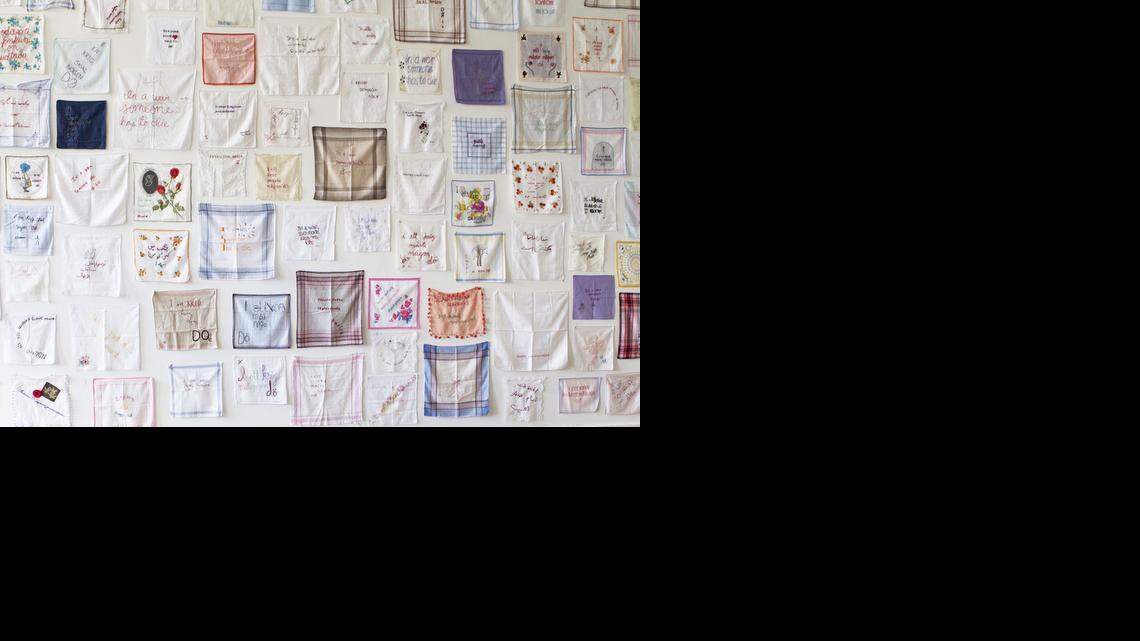 “In A War, Someone Dies,” embroidered napkins, various artists, various sizes, is one of several pieces in the Artspace exhibit “Threads of War,” guest-curated by Betsy Greer. The exhibit runs through Jan. 31.
