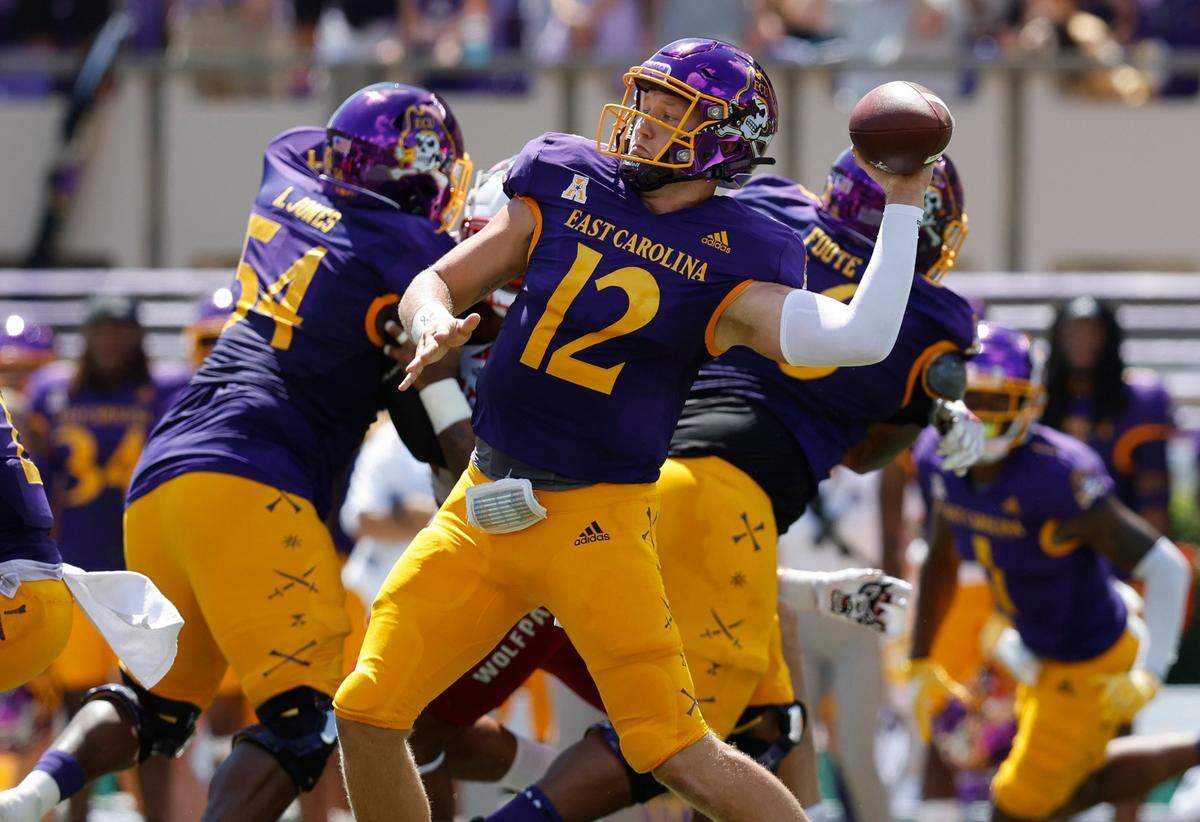 East Carolina quarterback Holton Ahlers (12) prepares to pass during the first half of N.C. States game against ECU at Dowdy-Ficklen Stadium in Greenville, N.C., Saturday, Sept. 3, 2022.