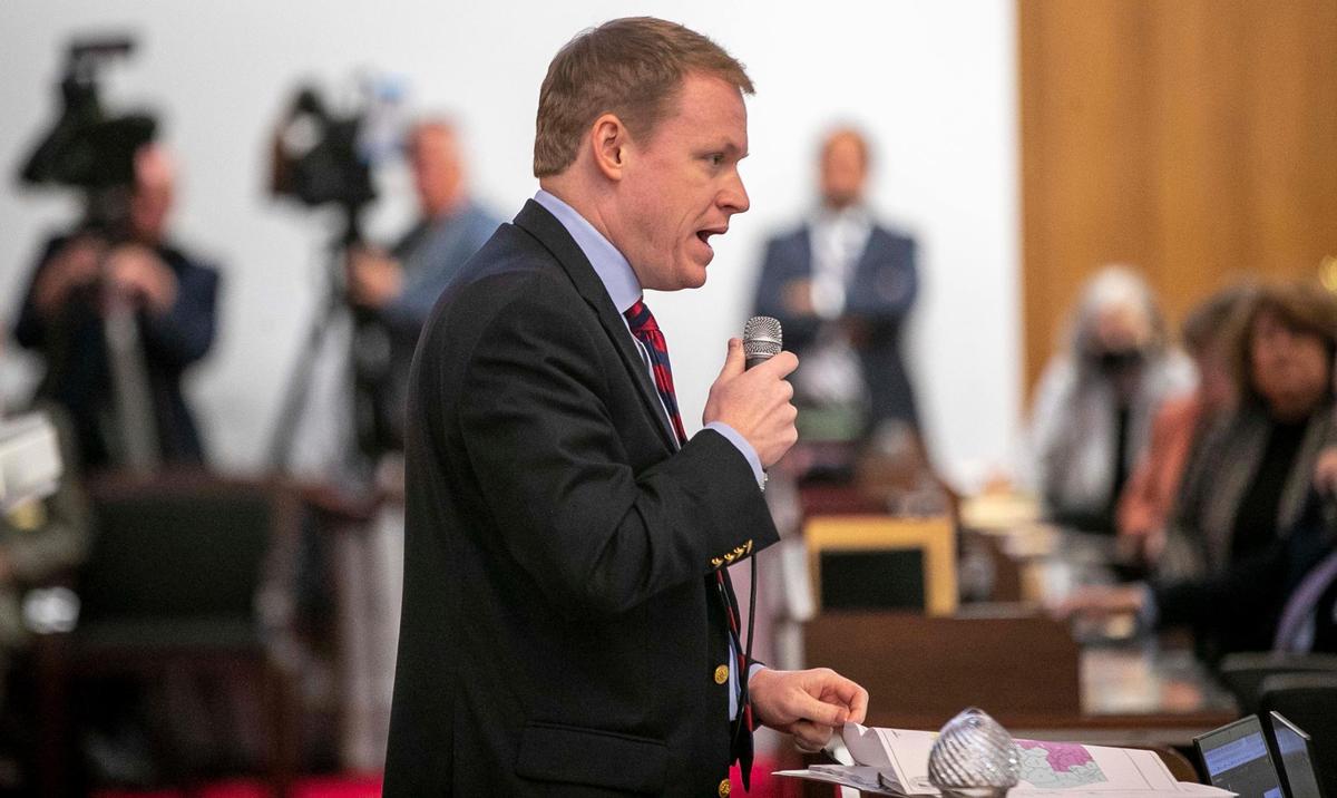Rep. Destin Hall of Lenoir, N.C. speaks during the House session on Thursday, November 4, 2021 in Raleigh, N.C. Hall defended the drawing of the new redistricting maps despite objections from House Democrats.