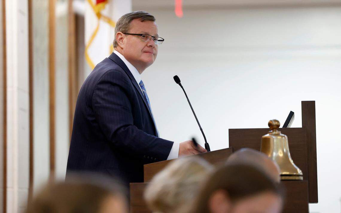 North Carolina House Speaker Tim Moore presides over the N.C. House session in Raleigh, N.C., Wednesday, June 21, 2023.
