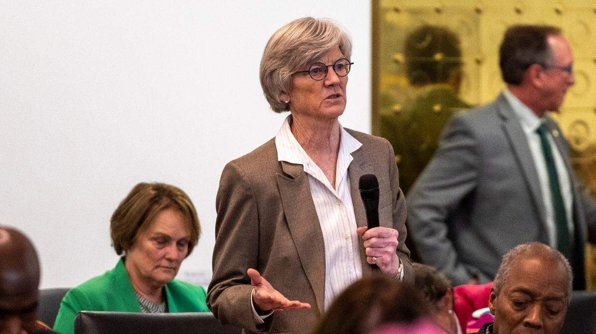 Democratic Rep. Marcia Morey, who represents Durham County, debates a Helene recovery bill on the House floor of the North Carolina Legislative Building on Tuesday, Feb. 25, 2025. The House unanimously passed its version of the state’s fourth Helene relief bill, clearing the way for the Senate to weigh in.