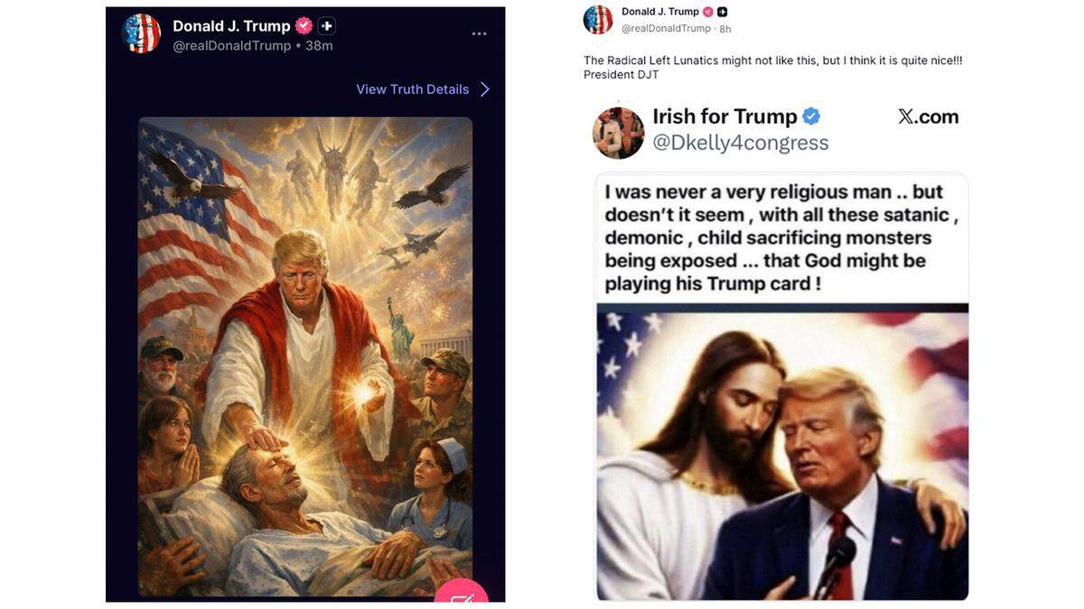 President Donald Trump posted this AI-generated image of himself as Jesus on Truth Social early on Monday, April 13, 2026. The post was removed from his account a few hours later. On Wednesday, Trump reposted a second image showing Jesus comforting him.