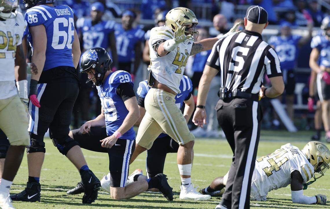 Georgia Tech’s Kyle Efford (44) motions after Duke kicker Todd Pelino (29) missed a 44-yard field goal attempt during the second half of Georgia Tech’s 27-18 victory over Duke at Wallace Wade Stadium in Durham, N.C., Saturday, Oct. 18, 2025.