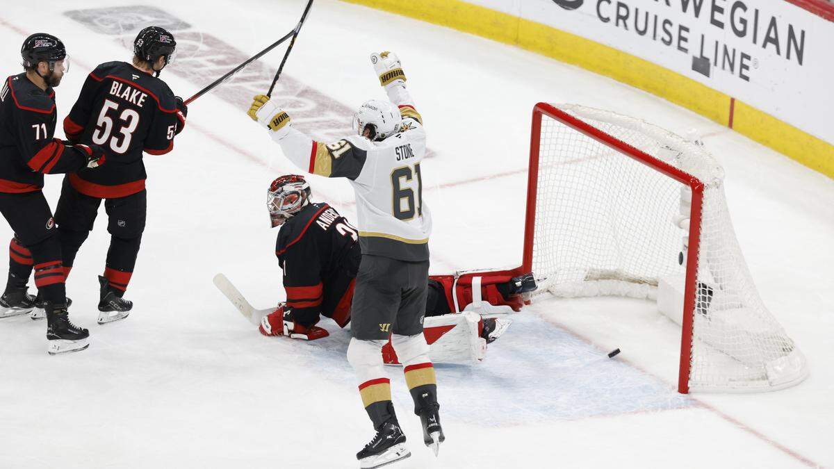 Vegas’ Mark Stone (61) celebrates after Vegas’ Brett Howden scored to make the score 5-4 in the third period of the Golden Knights’ 5-4 victory over the Hurricanes  in the first game of the Stanley Cup Final at the Lenovo Center in Raleigh, N.C., Tuesday, June 2, 2026.