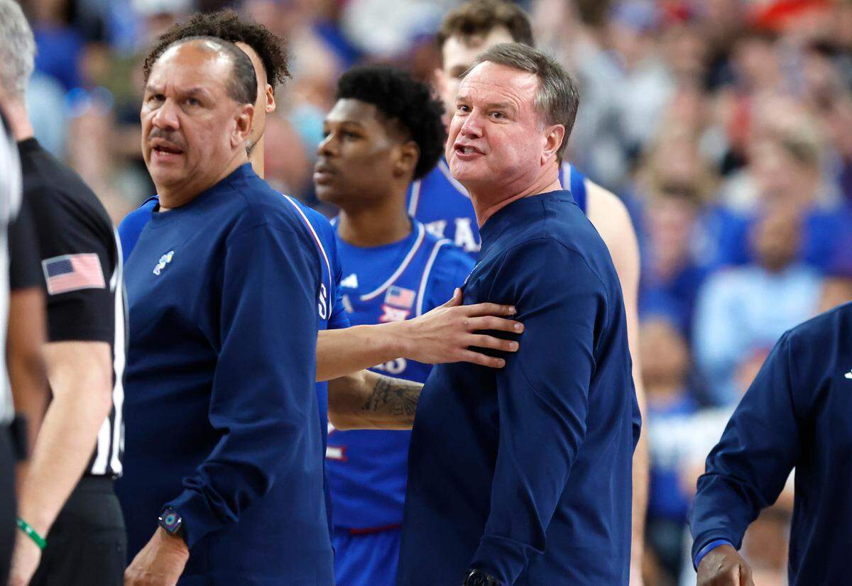 Kansas head coach Bill Self yells at the officials after Hunter Dickinson was ejected during the second half of Kansas’ 75-72 victory over Duke in the Vegas Showdown at T-Mobile Arena in Las Vegas, Nev., Tuesday, Nov. 26, 2024.
