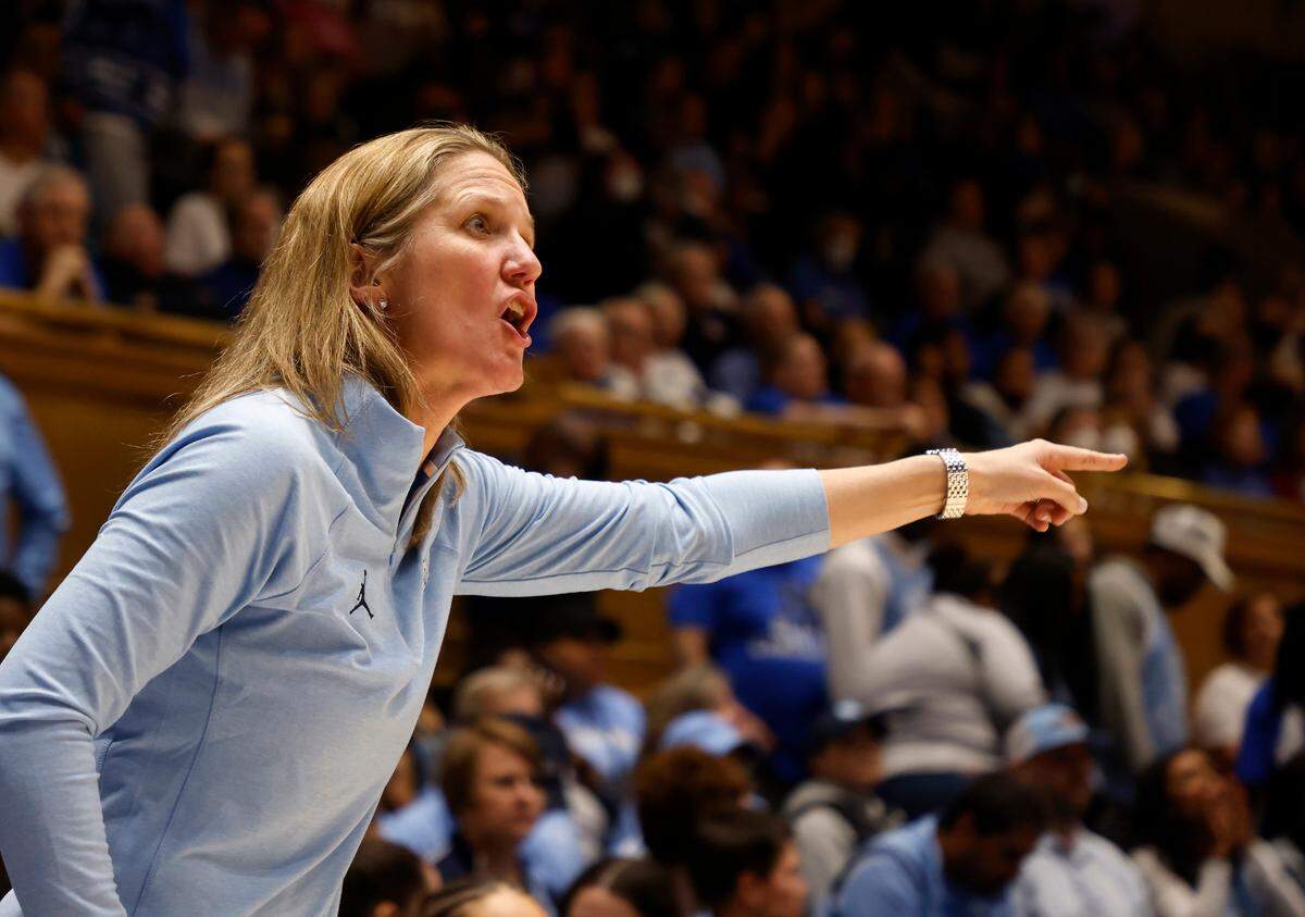 North Carolina head coach Courtney Banghart gives instructions to her team during the first half the Tar Heels’ game against Duke on Sunday, Feb. 26, 2023, at Cameron Indoor Stadium in Durham, N.C.
