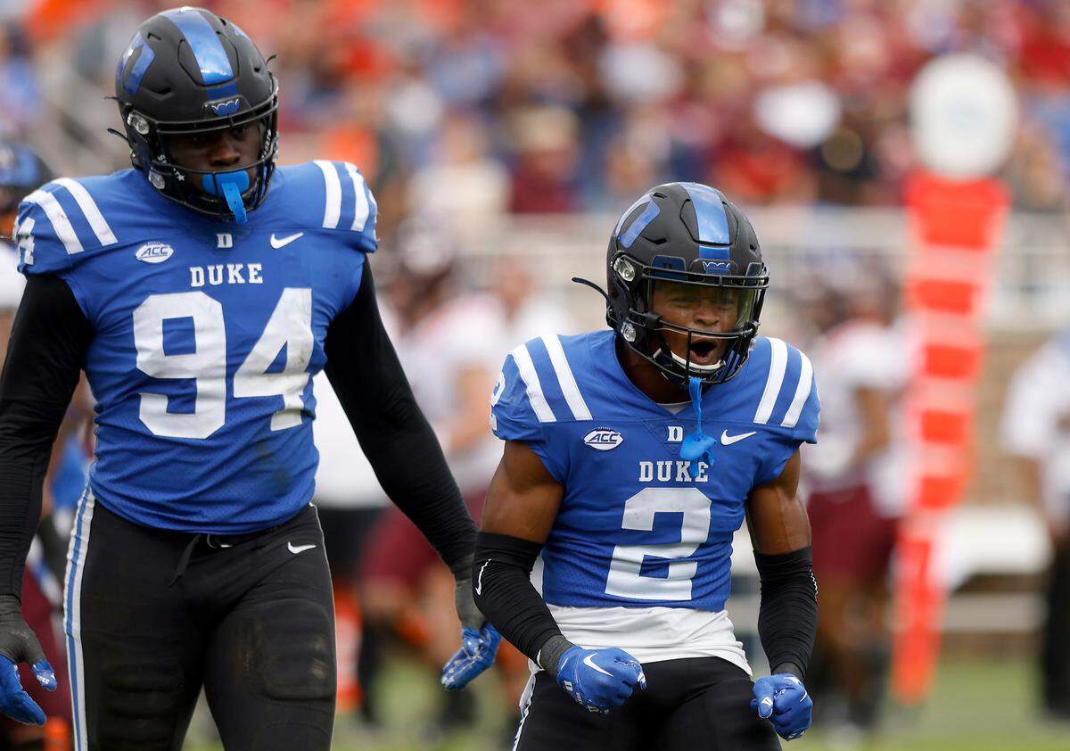 Duke defensive back Jaylen Stinson reacts following a defensive stop during the second half of the Blue Devils’ game against Virginia Tech at Wallace Wade Stadium on Saturday, Nov. 12, 2022, in Durham, N.C.