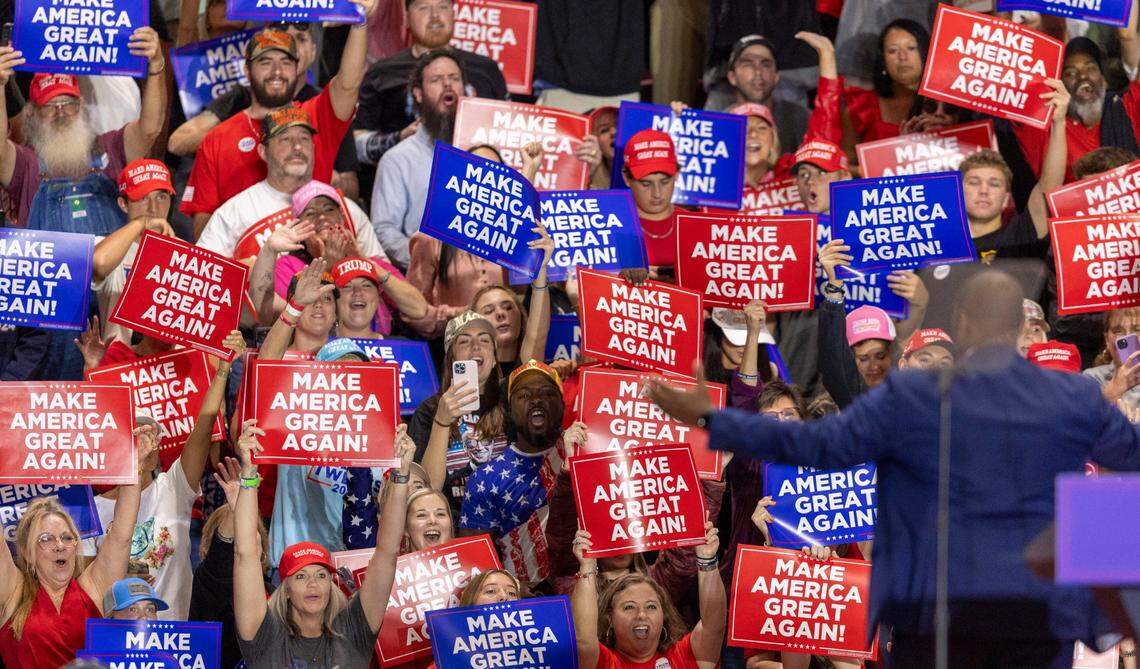 Congressman Byron Donalds warms up the crowd as they await the arrival of former President Donald Trump, the Republican presidential nominee, for a rally on Wednesday, October 30, 2024 at the Rocky Mount Event Center in Rocky Mount, N.C.