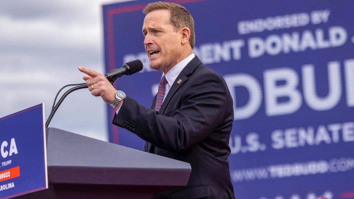 U.S. Rep. Ted Budd speaks at a Trump rally on April 9, 2022, in Selma, North Carolina.