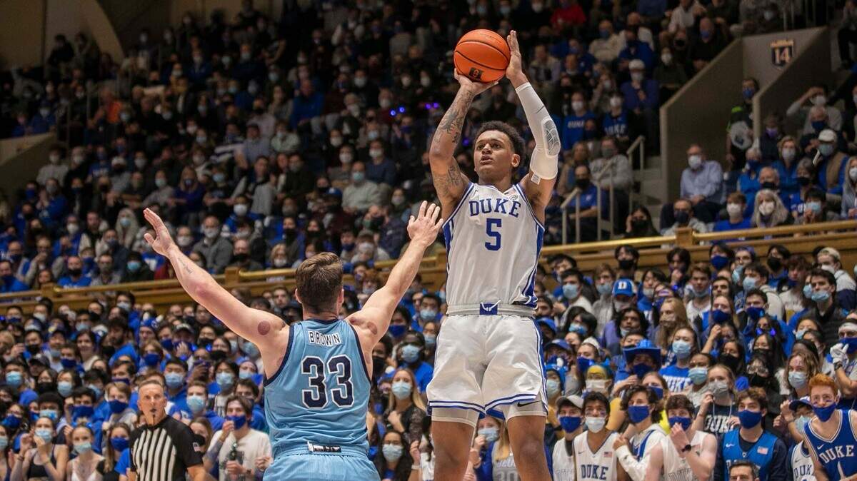 Duke’s Paolo Banchero (5) puts up a shot over Citadel’s Hayden Brown (33) during the first half on Monday, November 22, 2021 at Cameron Indoor Stadium in Durham, N.C. Banchero scored 13 points in the first half.