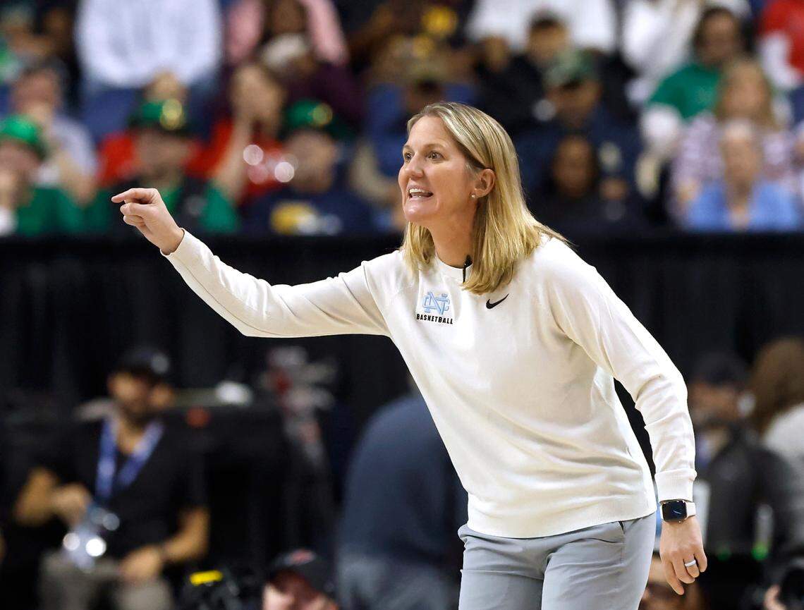 North Carolina head coach Courtney Banghart gives instructions during the second half of the Tar Heels’ 66-55 loss to N.C. State in the ACC Tournament semifinals on Saturday, March 8, 2025, at First Horizon Coliseum in Greensboro, N.C.