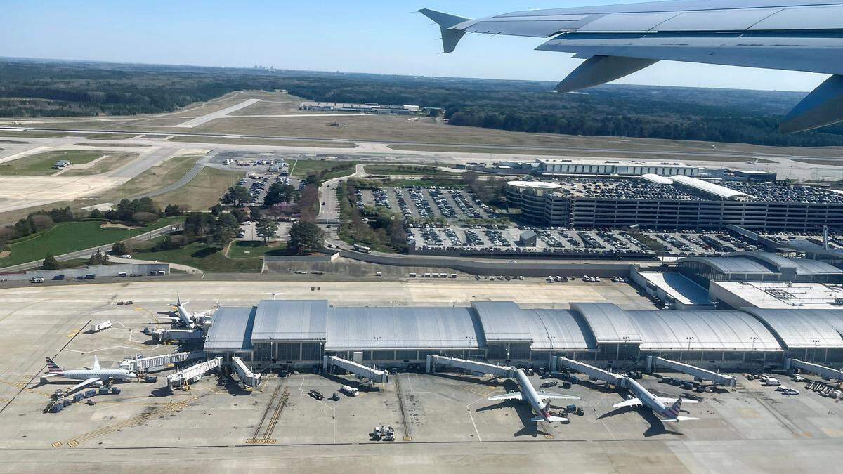 Raleigh-Durham International Airport is seen during takeoff on March 20, 2024.