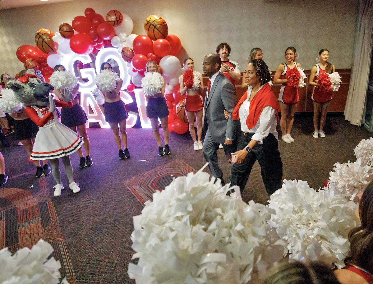 New N.C. State men’s basketball head coach Justin Gainey arrives to an introductory press conference at Lenovo Center on Wednesday, April 1, 2026, in Raleigh, N.C.