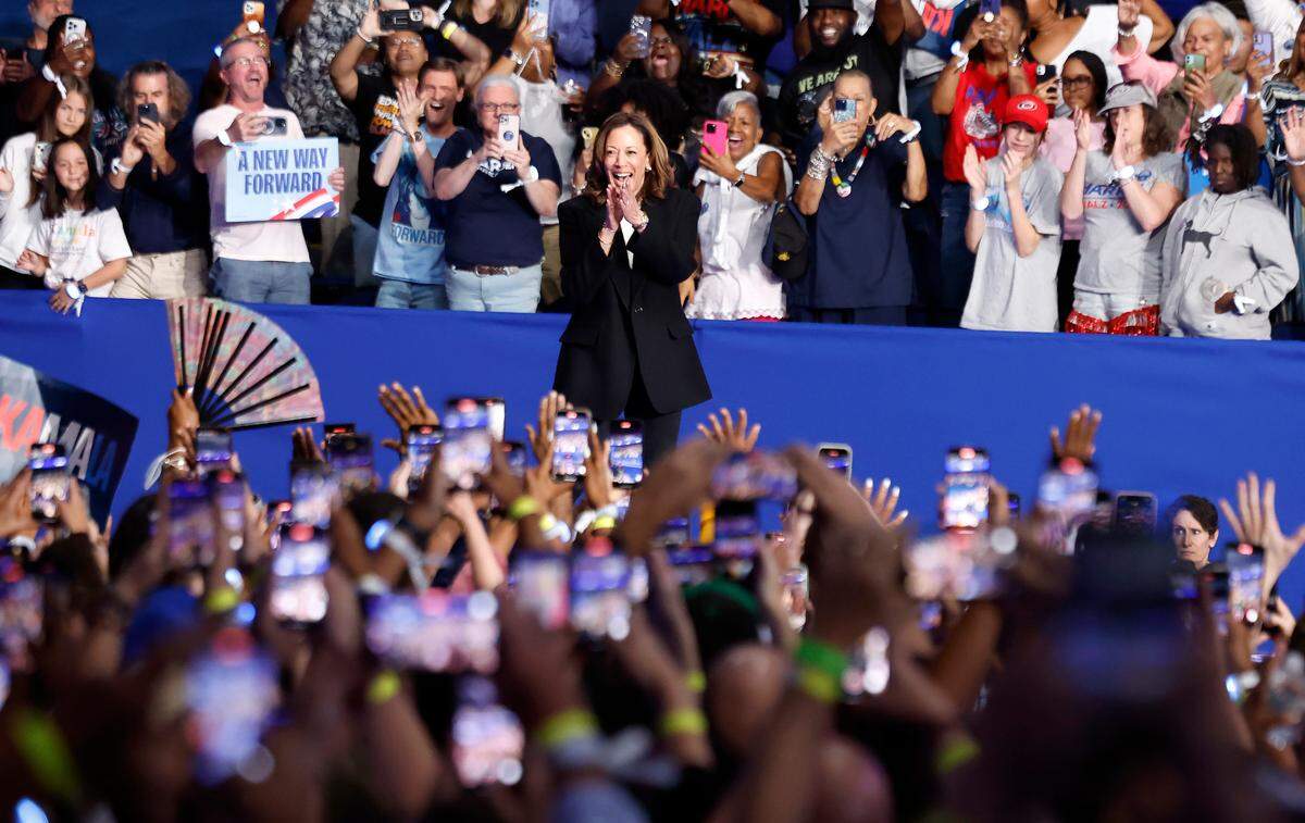 Vice President and democratic nominee for president Kamala Harris acknowledges the crowd after arriving at a rally at the Greensboro Coliseum in Greensboro, N.C., Thursday, Sept. 12, 2024.