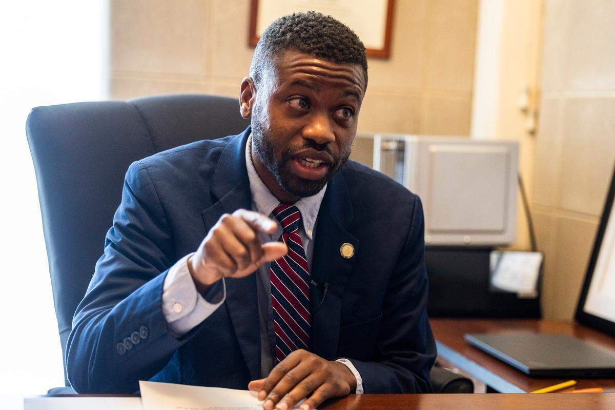 State Rep. Cecil Brockman, who represents High Point and is serving his fifth term in the House, answers questions during a News & Observer interview at the North Carolina State Legislative Building on Friday, April 26, 2024.