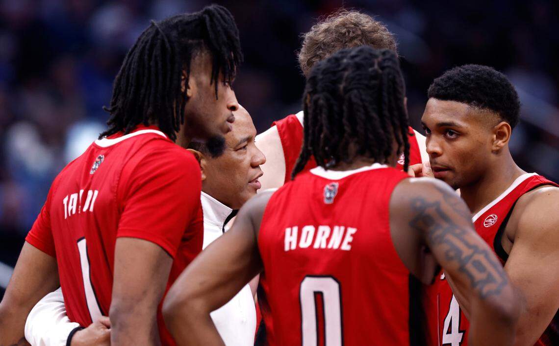 N.C. State head coach Kevin Keatts talks with the team during the second half of N.C. State’s 74-69 victory over Duke in the quarterfinal round of the 2024 ACC Men’s Basketball Tournament at Capital One Arena in Washington, D.C., Thursday, March 14, 2024.
