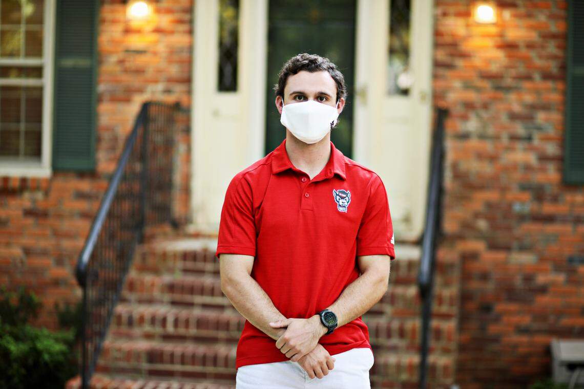 Jacob Miles, 20, outside of his family’s Raleigh home where he has returned to live during his junior year at N.C. State University. Miles, who is majoring in civil engineering, recently moved back home from the dorms where he was an RA.