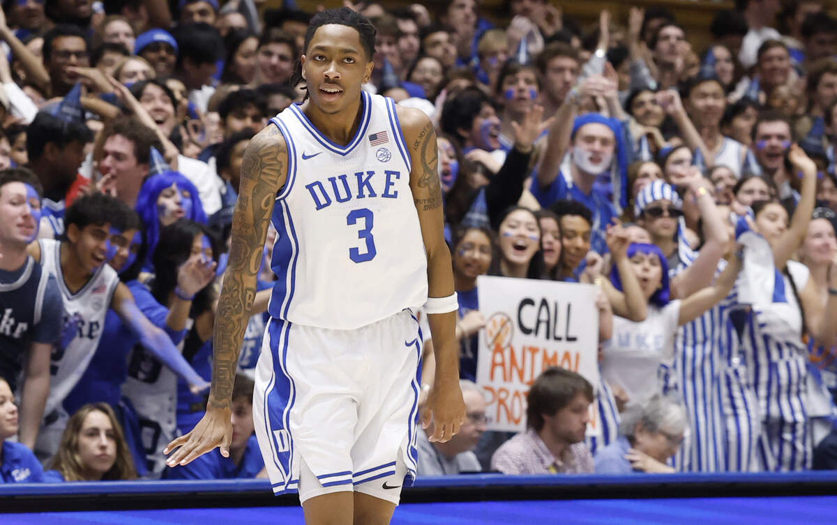 Duke’s Isaiah Evans (3) celebrates hitting a three-pointer during the second half of Duke’s 67-54 victory over Clemson at Cameron Indoor Stadium in Durham, N.C., Sat., Feb. 14, 2026.