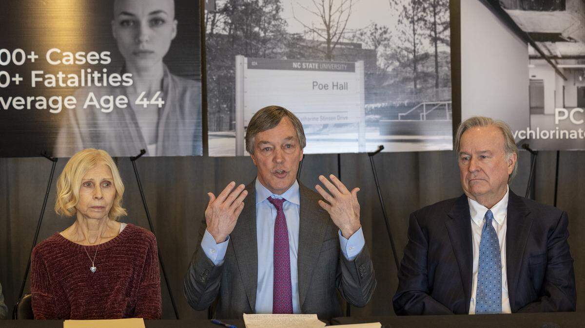Attorney Bryan Brice speaks during a news conference announcing newly filed complaints against North Carolina State University related to alleged toxic PCB exposure at Poe Hall on Thursday, Jan. 29, 2026, in Raleigh.