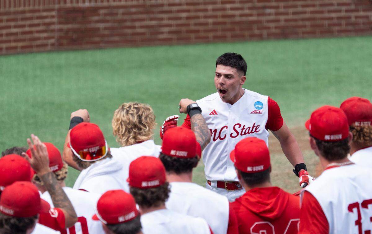 NC State Wolfpack's Dalton Bargo (6) celebrates his home run as Auburn Tigers take on NC State Wolfpack during the NCAA Regional Baseball tournament at Plainsman Park in Auburn, Ala. on Saturday, May 30, 2026.