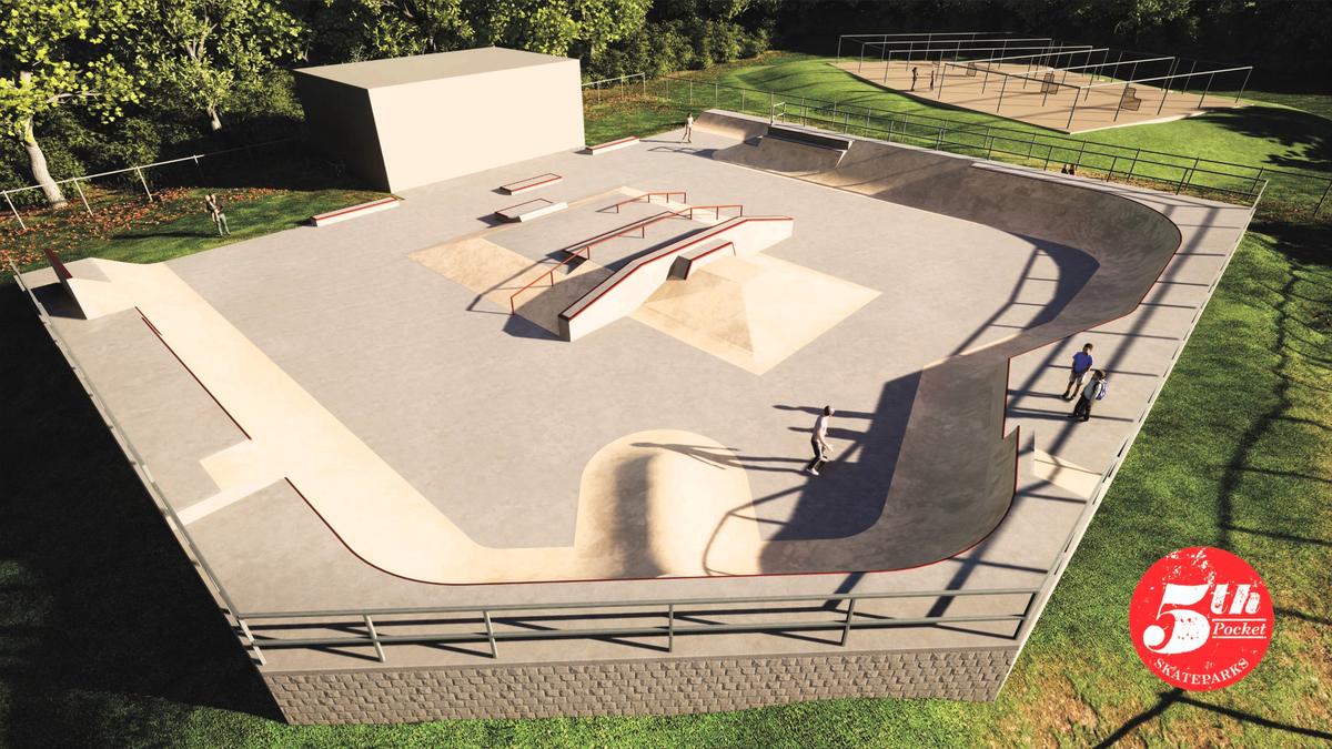 Fifth Pocket, a skatepark design and construction company, drafted this design for renovating Chapel Hill’s 25-year-old skatepark. The work, set to happen in 2025, would replace wood-frame structures with concrete and add new rails, ramps and pipes.