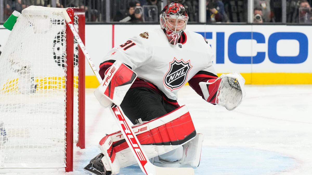 Carolina Hurricanes’ Frederik Andersen during the NHL All-Star hockey game, Saturday, Feb. 5, 2022, in Las Vegas. (AP Photo/Rick Scuteri)