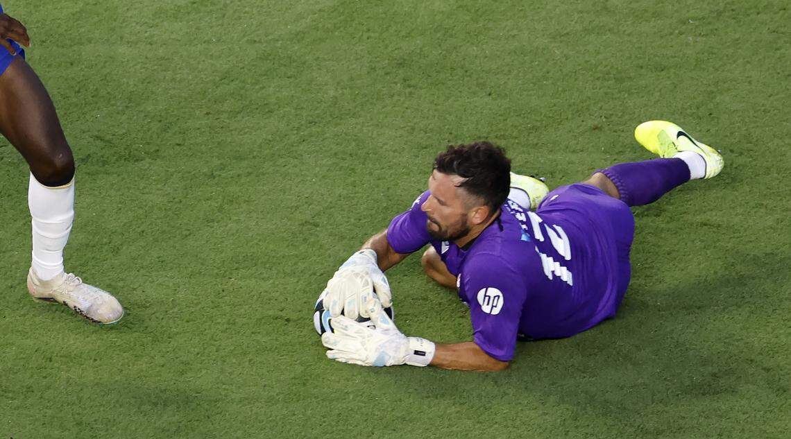 Wrexham’s Ben Foster makes a save during the first half of Chelsea Football Club’s friendly match against Wrexham AFC at Kenan Stadium in Chapel Hill, N.C., Wednesday, July 19, 2023.