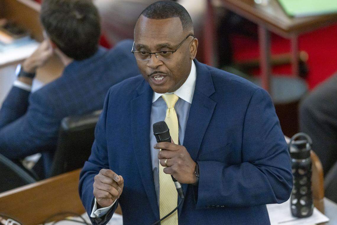 N.C. House Democratic Leader Rep. Robert Reives, speaks against Senate Bill 249, a bill to realign the North Carolina Congressional districts, on Wednesday, October 22, 2025 at the General Assembly in Raleigh, N.C.