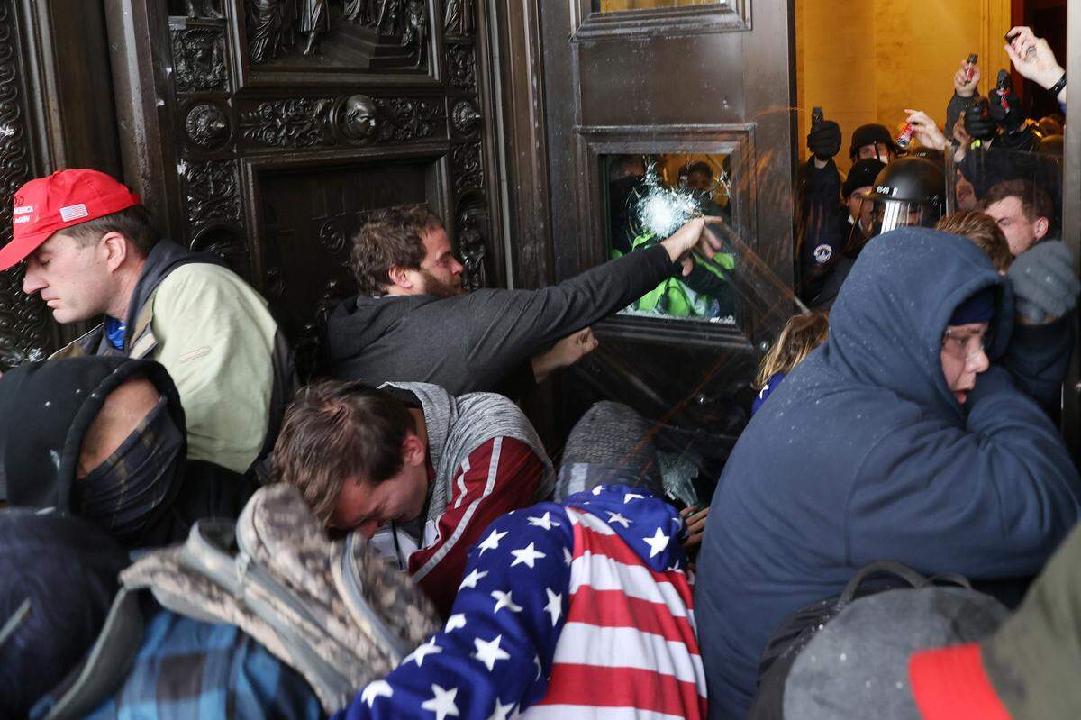 Rioters gather at the door of the U.S. Capitol Building on Wednesday, Jan. 6, 2021 in Washington, D.C.