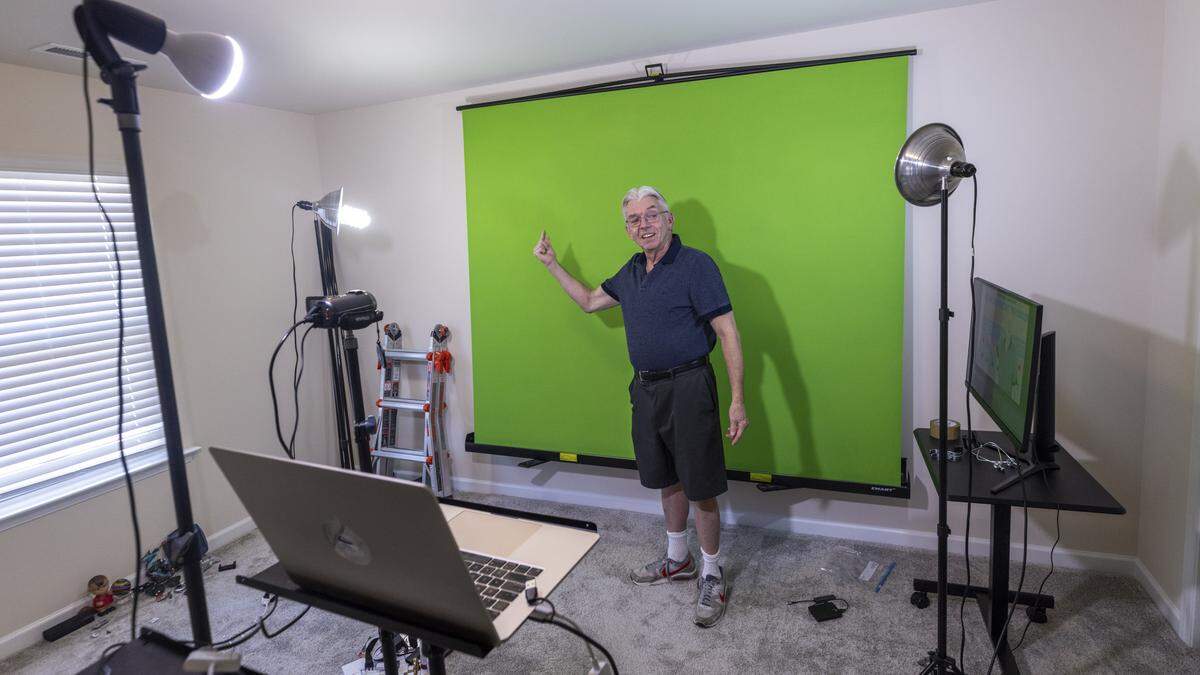 Fishel has a monitor kept out of frame during videos that allows him to know where he’s pointing as he explains weather forecasts on video.