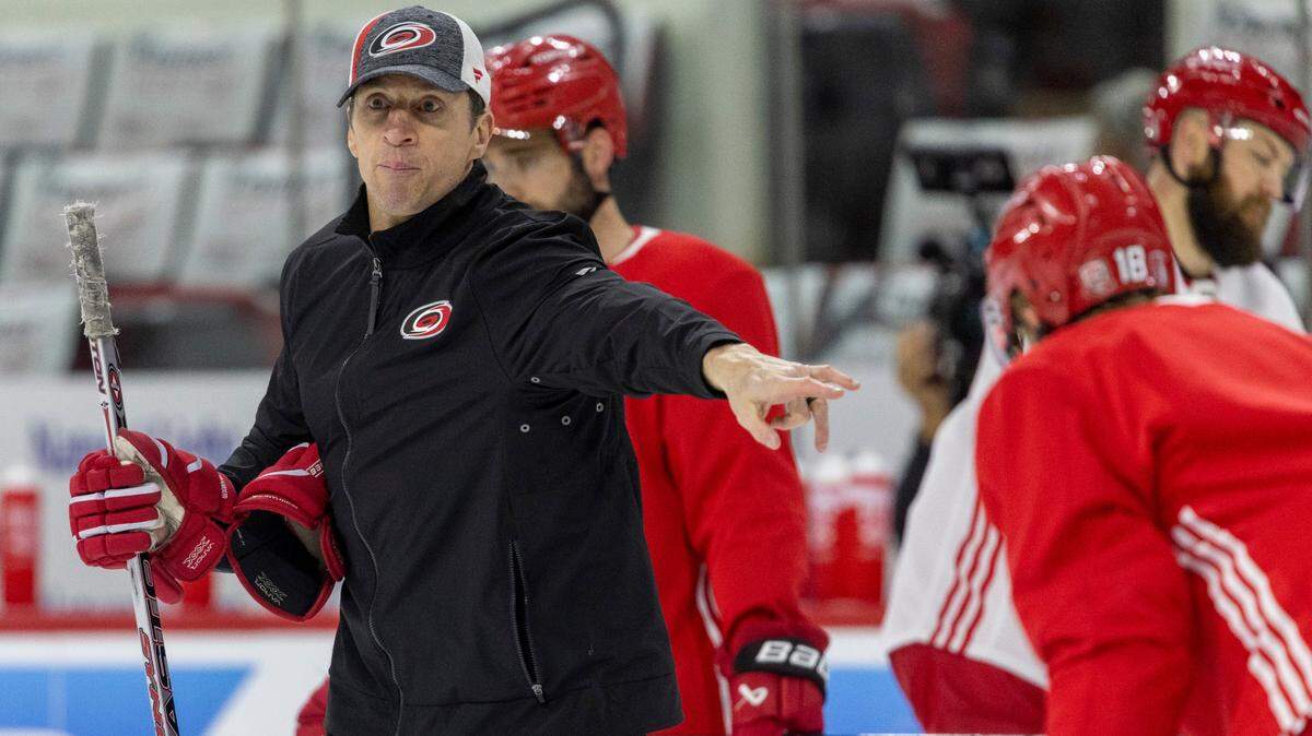 Carolina Hurricanes coach Rod Brind’Amour directs his players during practice on Wednesday, May 17, 2023, as they prepare for Game 1 of the Eastern Conference Finals against the Florida Panthers at PNC Arena in Raleigh, N.C.