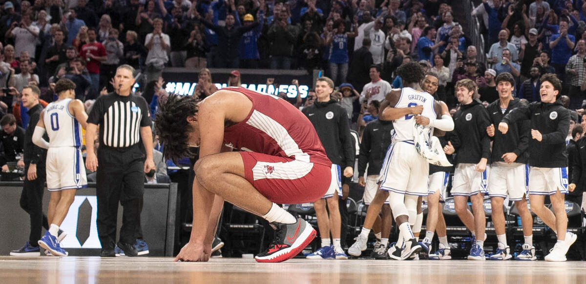 Arkansas’ Jaylin Williams (10) reacts as time runs out during Duke’s 78-69 victory over Arkansas in the NCAA Tournament West Regional finals at the Chase Center in San Francisco, Calif., Saturday, March 26, 2022.