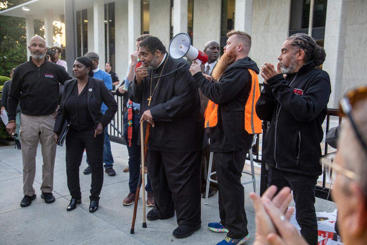 Rev. William J. Barber II leads a rally outside the North Carolina Legislative Building during a Moral Monday march and rally at the State Capitol and the state legislature Monday, April 24, 2023. Organizers of the Moral Monday protests that began in 2013 as a backlash against conservative state laws marked a decade of social activism Monday night.