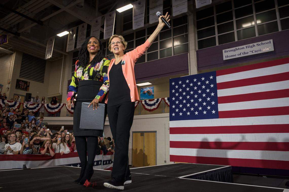 Rep. Ayanna Pressley (D-MA) and democratic presidential candidate and Massachusetts Senator Elizabeth Warren at Broughton High School in Raleigh, NC on Nov 7, 2019.
