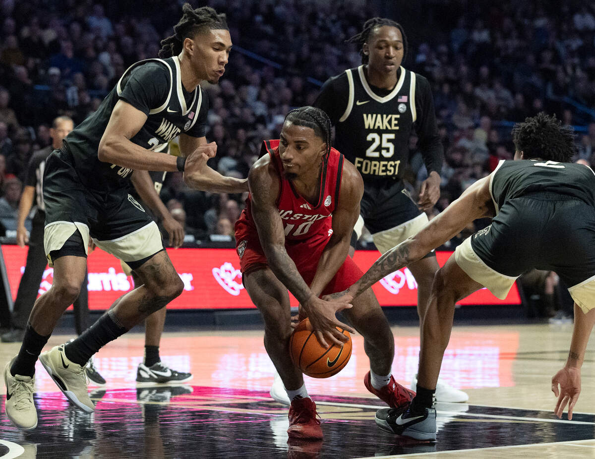 N.C. State’s Marcus Hill drives into the Wake Forest defense during the second half of the Wolfpack’s 77-59 loss on Saturday, Jan. 4, 2025, at Lawrence Joel Veterans Memorial Coliseum in Winston-Salem, N.C.