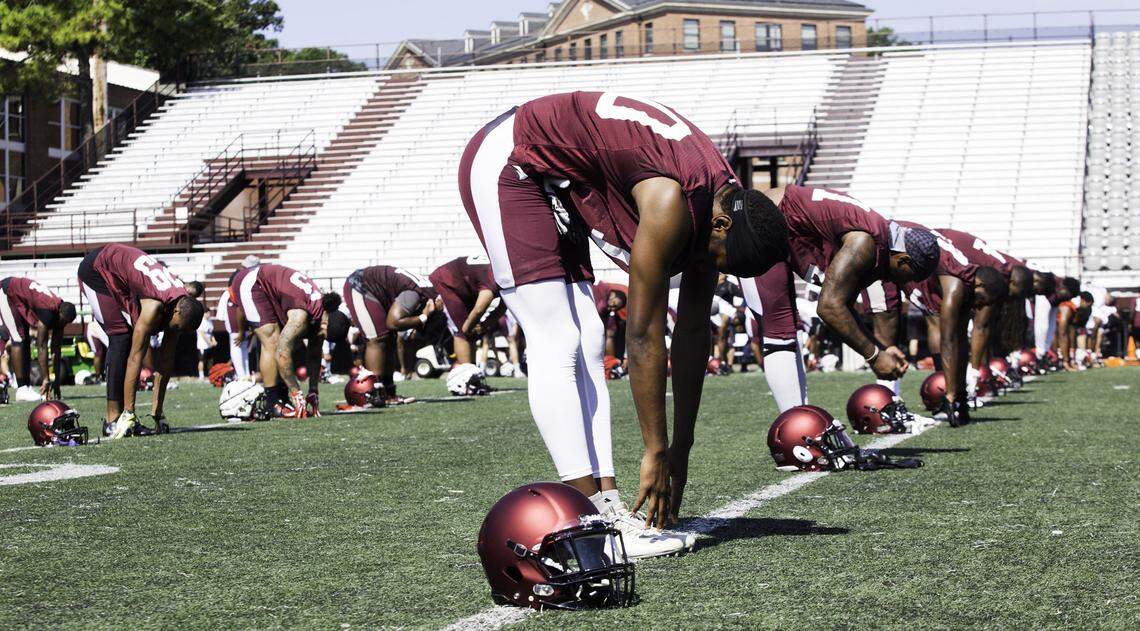 NCCU players stretch before their first practice of the season at O’Kelly-Riddick Stadium on Aug. 1, 2017, in Durham, NC.