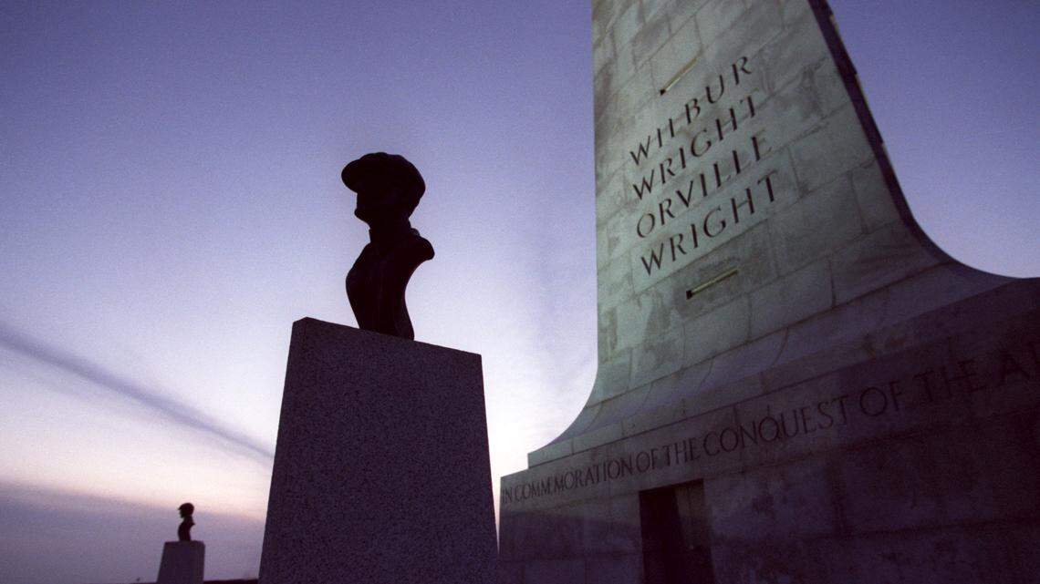 Statues of Orville, left, and Wilbur Wright look out from the Wright Brothers Memorial in Kill Devil Hills.