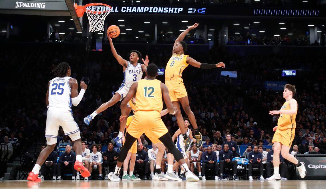 Duke’s Jeremy Roach (3) heads to the basket during Duke’s 64-47 victory over Vermont in the first round of the NCAA Tournament at the Barclays Center in Brooklyn, N.Y., Friday, March 22, 2024.