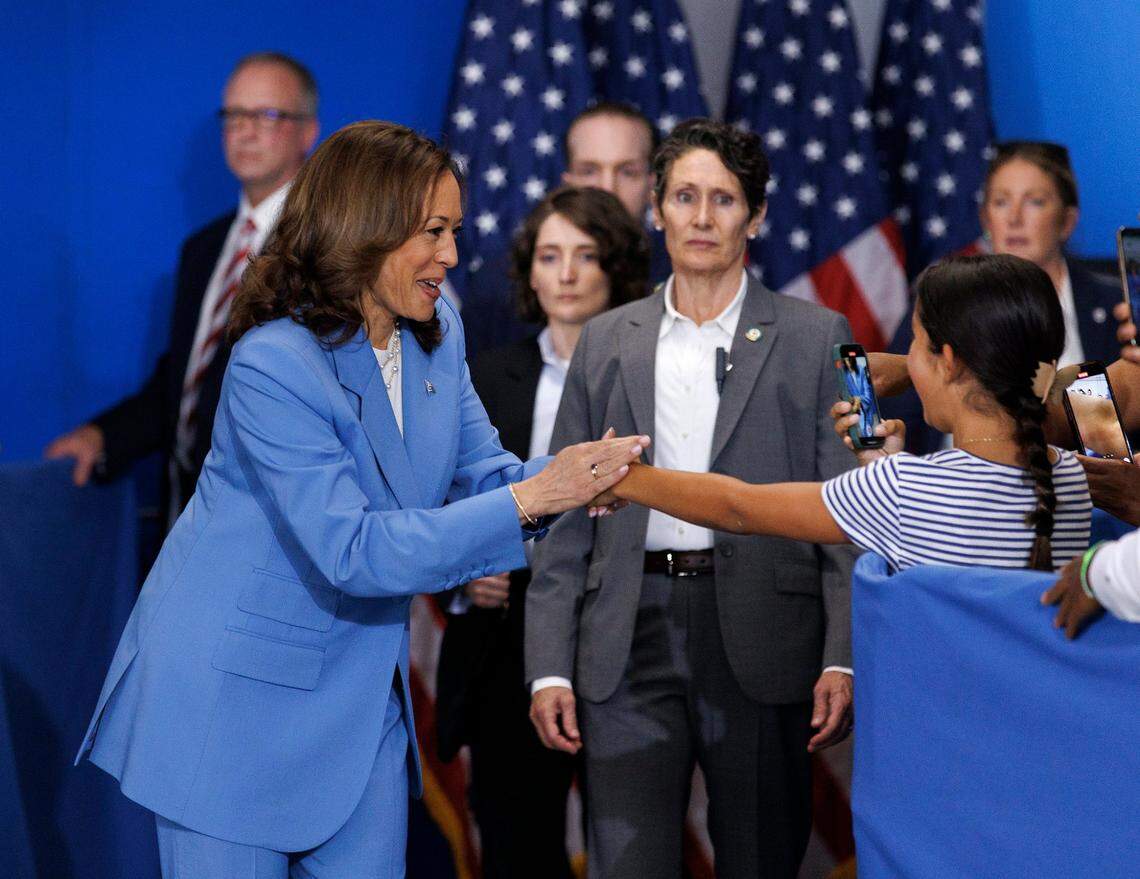 Vice President Kamala Harris greets a supporter prior to speaking at the Hendrick Center for Automotive Excellence on Friday, Aug. 16, 2024, in Raleigh, N.C.