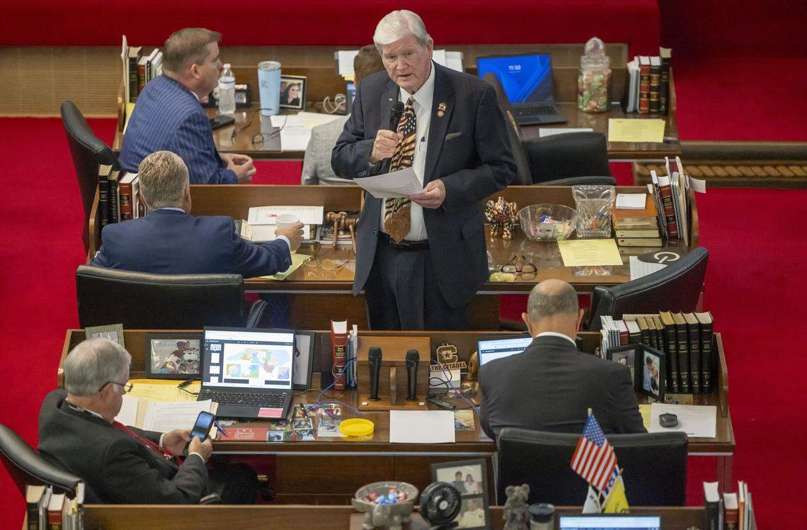 Rep. Jimmy Dixon addresses the House session, expressing his support for President Trump and for Senate Bill 249, a bill to realign the North Carolina Congressional districts, on Wednesday, October 22, 2025 at the General Assembly in Raleigh, N.C.