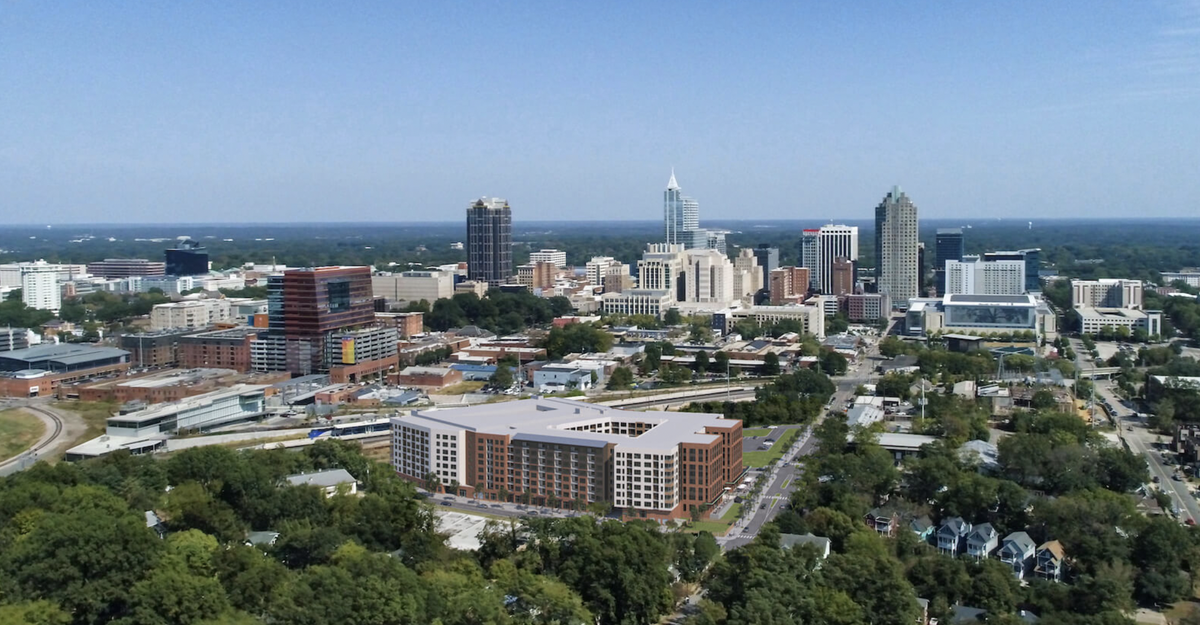 An aerial shot of Platform, a new 442-unit, “amenity-rich” apartment community on West Cabarrus Street.