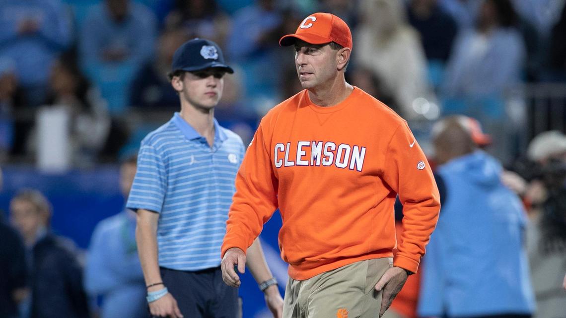 Clemson coach Dabo Swinney arrives for the ACC Championship game against North Carolina on Saturday, December 3, 2022 at Bank of American Stadium in Charlotte, N.C.