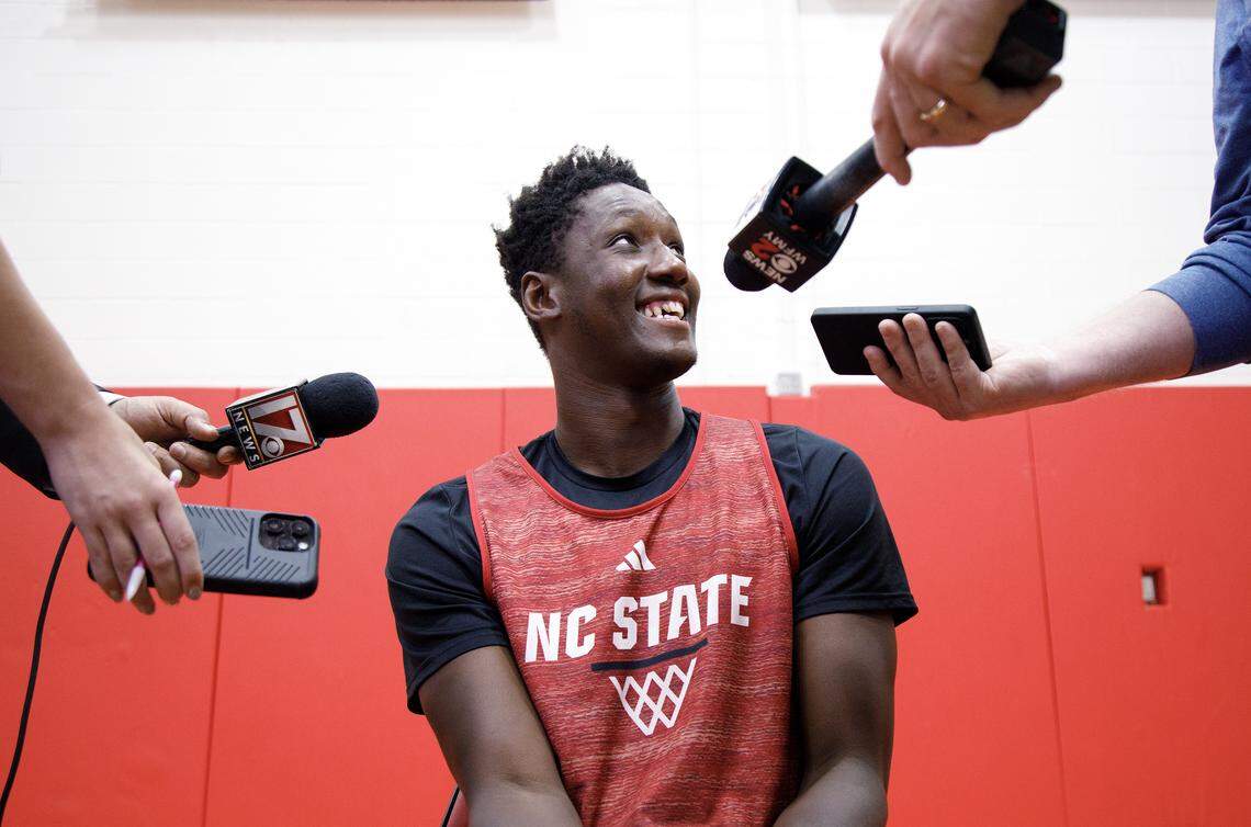 N.C. State freshman Musa Sagnia speaks with reporters during media day at Dail Basketball Center on Monday, Sept. 22, 2025, in Raleigh, N.C.