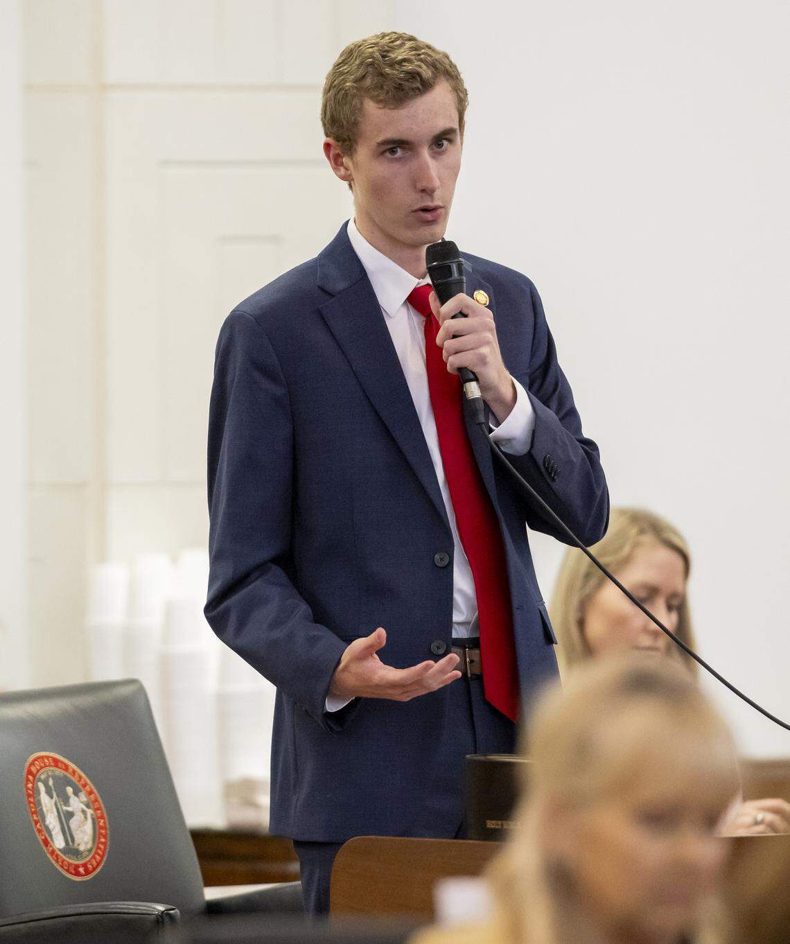 Rep. Wyatt Gable speaks about the influence on Charlie Kirk on his political life during debate on Senate Bill 13 on Tuesday, Sept. 23, 2025, at the NC General Assembly in Raleigh, N.C. The bill addresses punishment for politically motivated acts of violence.