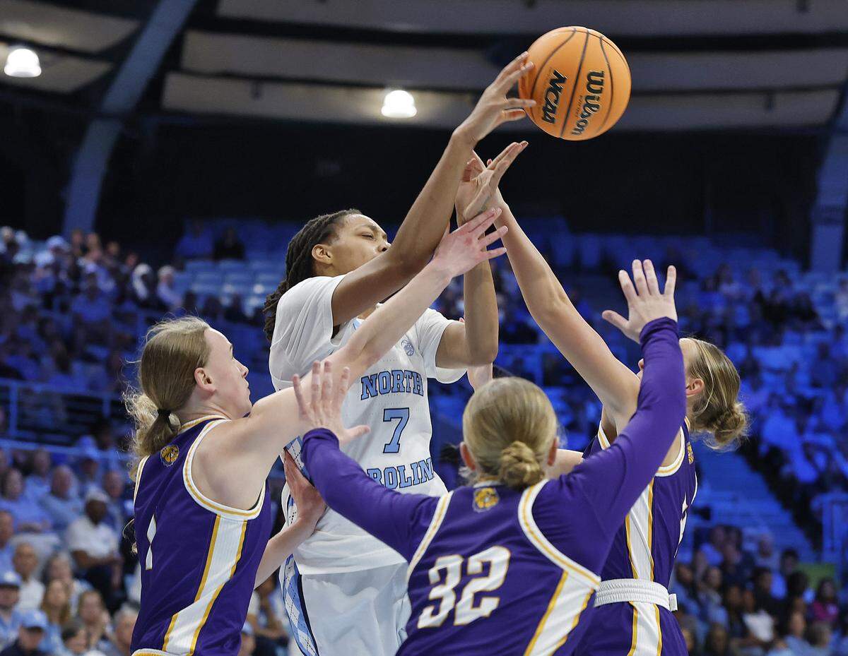 North Carolina’s Nyla Brooks looks to pass during the first half of the Tar Heels’ 82-51 first-round NCAA Tournament win over Western Illinois on Friday, March 20, 2026, at Carmichael Arena in Chapel Hill, N.C.